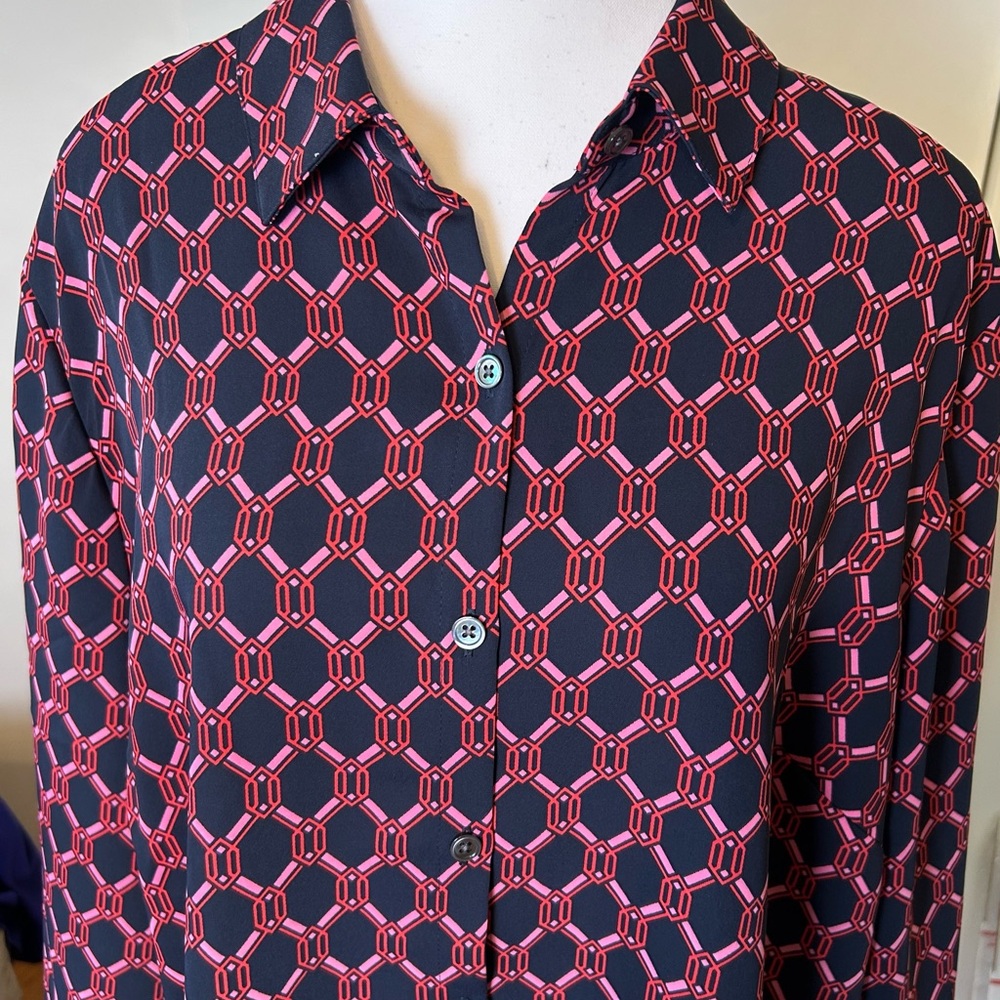 J Jill Wearever Collection Blouse Navy Blue Geo Print Career Wear Size XL NWT